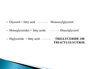  Glycerol + fatty acid Monoacylglycerol
 Monoglycerides + fatty acids Diacylglycerol
 Diglyceride + fatty acid TRIGLYCERIDE OR
TRIACYLGLYCEROL
 