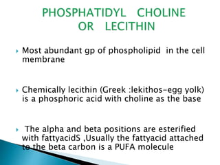  Most abundant gp of phospholipid in the cell
membrane
 Chemically lecithin (Greek :lekithos-egg yolk)
is a phosphoric acid with choline as the base
 The alpha and beta positions are esterified
with fattyacidS ,Usually the fattyacid attached
to the beta carbon is a PUFA molecule
 