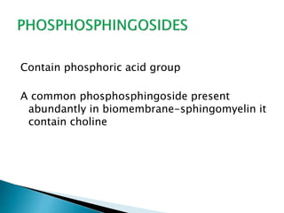 Contain phosphoric acid group
A common phosphosphingoside present
abundantly in biomembrane-sphingomyelin it
contain choline
 