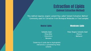 Extraction of Lipids
(Solvent Extraction Method)
This method requires organic solvent thus called ‘Solvent Extraction Method ‘
Commonly used for Extraction from Biological Molecules or Food samples
Polar Organic Solvents Used
• Ethanol
• Methanol
Solvents Used :
• Ethyl ether
• Chloroform
• Benzene
Clustering of Lipids due to Hydrophobic
interactions is prevented by these
solvents
 