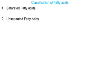 Classification of Fatty acids
1. Saturated Fatty acids
2. Unsaturated Fatty acids
 