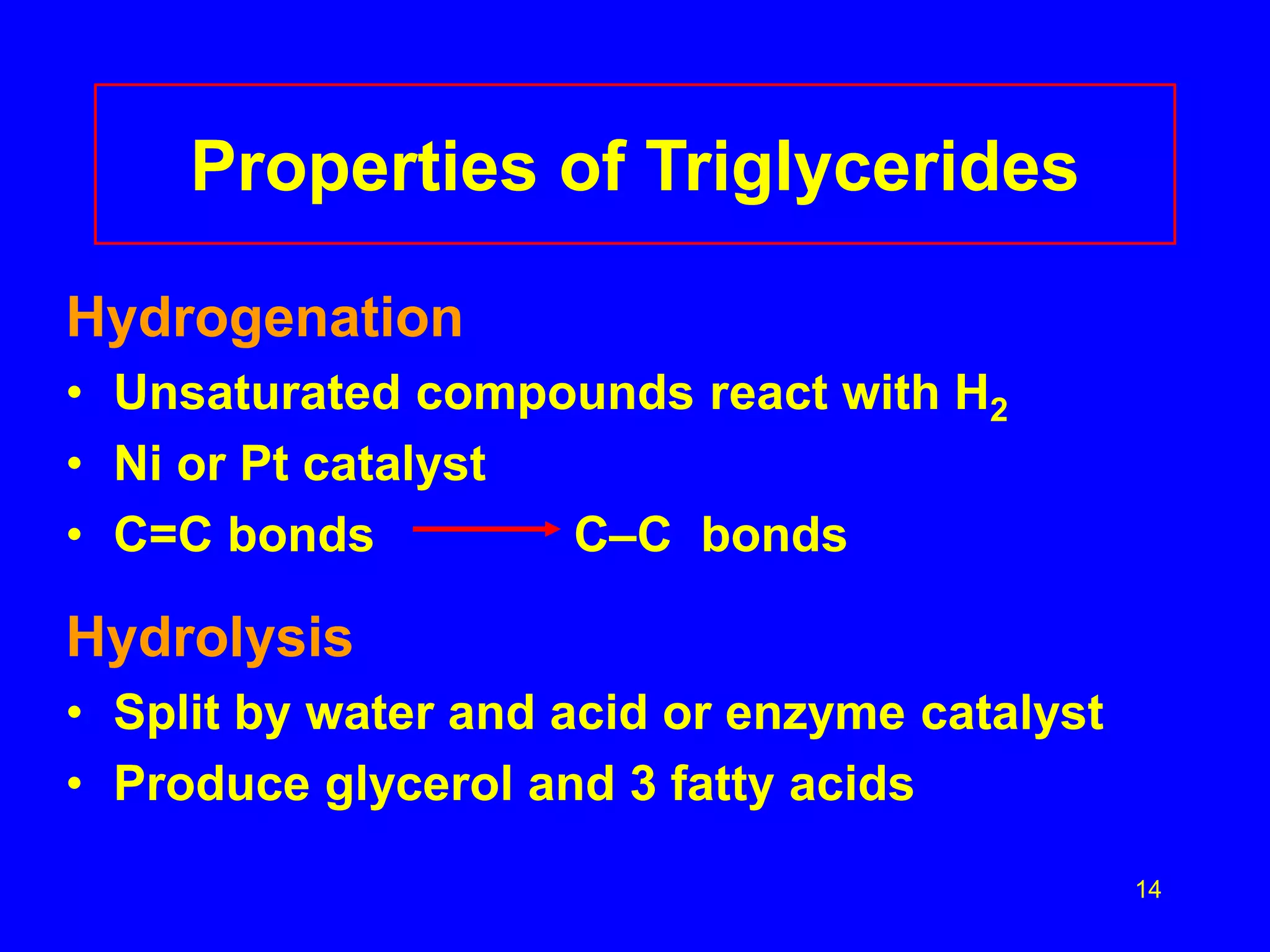 14 
Properties of Triglycerides 
Hydrogenation 
• Unsaturated compounds react with H2 
• Ni or Pt catalyst 
• C=C bonds C–C bonds 
Hydrolysis 
• Split by water and acid or enzyme catalyst 
• Produce glycerol and 3 fatty acids 
 