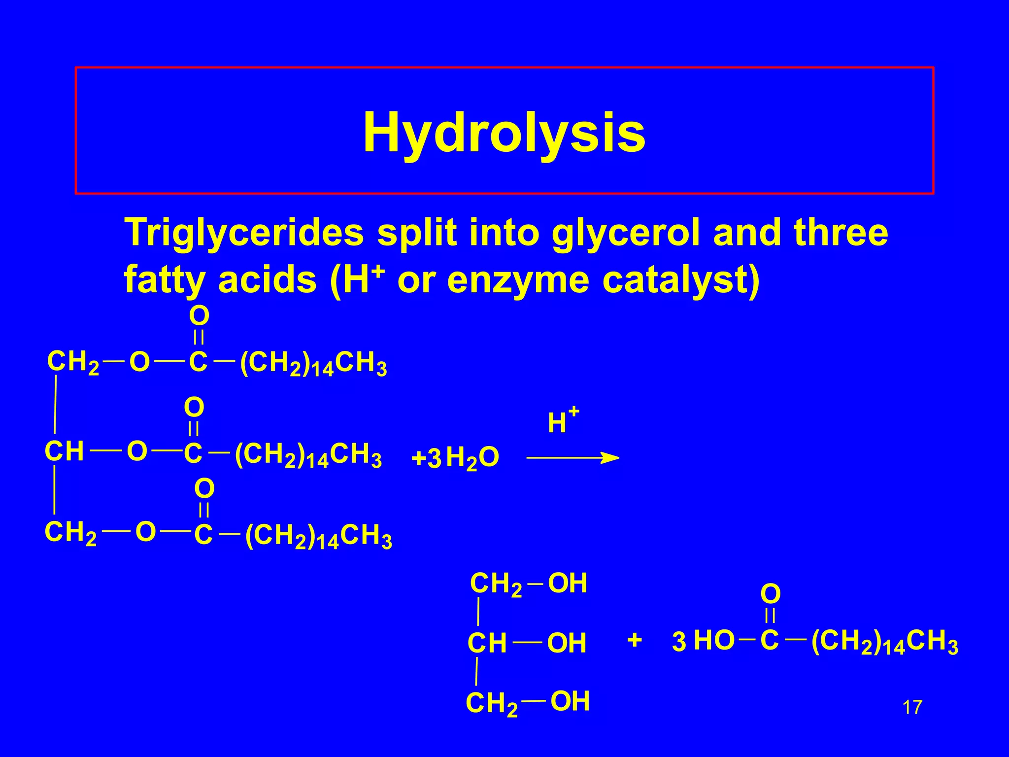 17 
Hydrolysis 
Triglycerides split into glycerol and three 
fat t y acids (H+ or enzyme catalyst) 
CH2 O 
CH 
CH2 
O 
O 
O 
C (CH2)14CH3 
O 
C (CH2)14CH3 
O 
C (CH2)14CH3 
+3 H2O 
O 
+ 3 HO C (CH2)14CH3 
H+ 
CH2 OH 
CH 
OH 
CH2 OH 
 