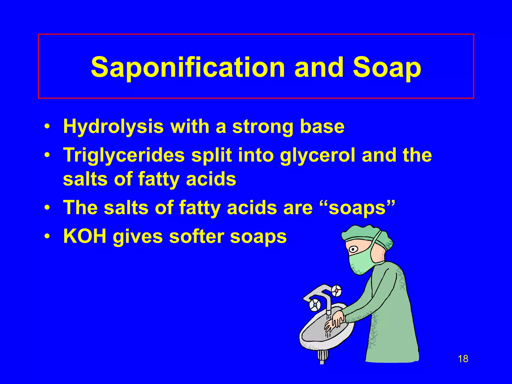18 
Saponification and Soap 
• Hydrolysis with a strong base 
• Triglycerides split into glycerol and the 
salts of fatty acids 
• The salts of fatty acids are “soaps” 
• KOH gives softer soaps 
 