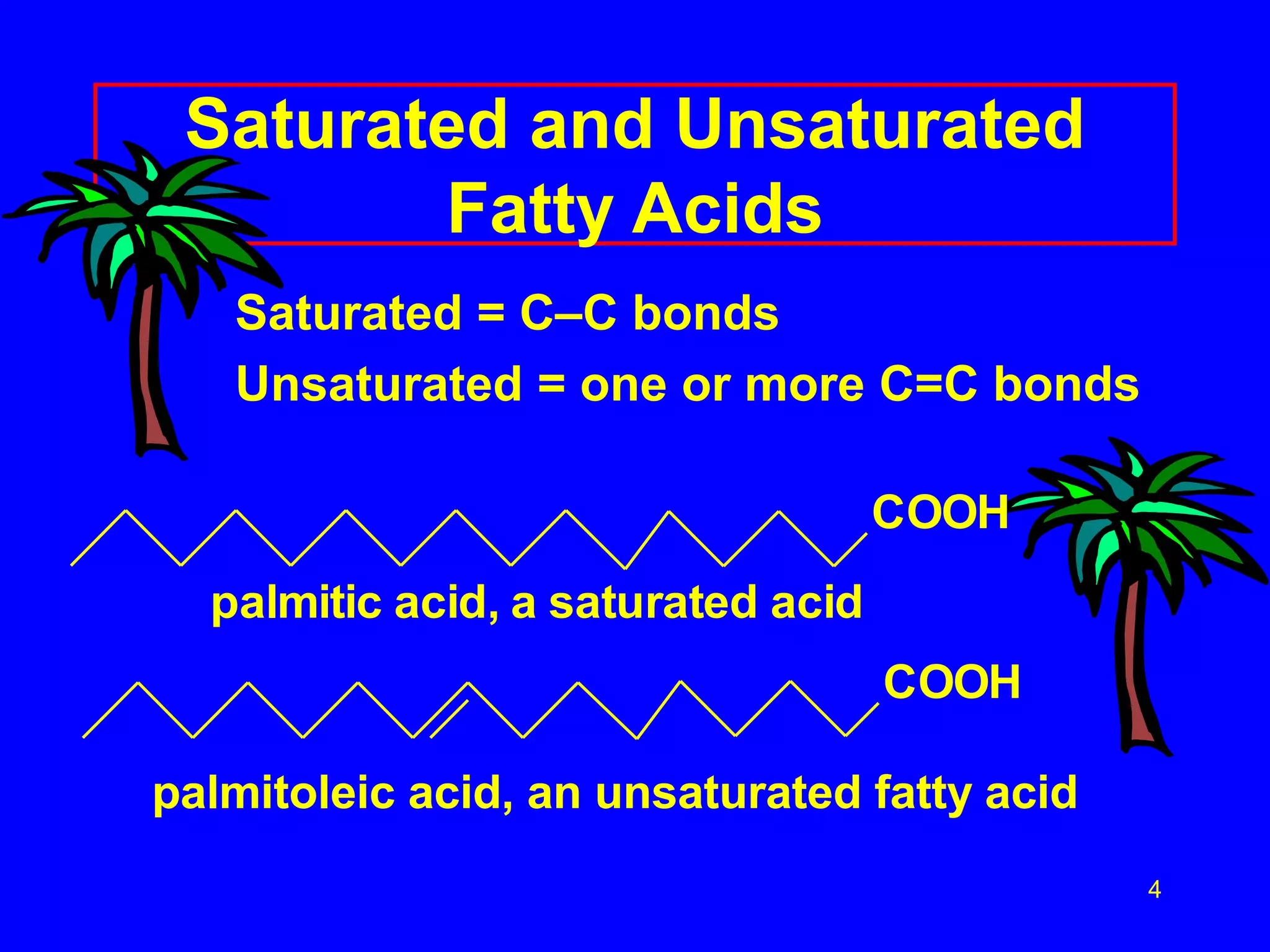 4 
Saturated and Unsaturated 
Fatty Acids 
Saturated = C–C bonds 
Unsaturated = one or more C=C bonds 
COOH 
COOH 
palmitic acid, a saturated acid 
palmitoleic acid, an unsaturated fatty acid 
 