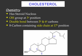 CHOLESTEROL
Chemistry:
 Has Steroid Nucleus

 OH group at 3rd position

 Double bond between 5th & 6th carbons

 8-Carbon containing side chain at 17th position.




                                    17




                  3    5

                           6
 