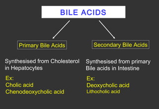 BILE ACIDS



     Primary Bile Acids           Secondary Bile Acids

Synthesised from Cholesterol   Synthesised from primary
in Hepatocytes                 Bile acids in Intestine
Ex:                            Ex:
Cholic acid                    Deoxycholic acid
Chenodeoxycholic acid          Lithocholic acid
 