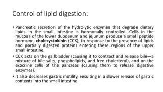 Control of lipid digestion:
• Pancreatic secretion of the hydrolytic enzymes that degrade dietary
lipids in the small intestine is hormonally controlled. Cells in the
mucosa of the lower duodenum and jejunum produce a small peptide
hormone, cholecystokinin (CCK), in response to the presence of lipids
and partially digested proteins entering these regions of the upper
small intestine.
• CCK acts on the gallbladder (causing it to contract and release bile—a
mixture of bile salts, phospholipids, and free cholesterol), and on the
exocrine cells of the pancreas (causing them to release digestive
enzymes).
• It also decreases gastric motility, resulting in a slower release of gastric
contents into the small intestine.
 