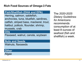 © McGraw Hill, LLC
Rich Food Sources of Omega-3 Fats
Fish/Shellfish (DHA and EPA)
Herring, salmon, sablefish,
anchovies, tuna, bluefish, sardines,
catfish, striped bass, mackerel, trout,
halibut, pollock, flounder, shrimp,
mussels, crab
Oils
Flaxseed, walnut, canola, soybean
Nuts and Seeds
Walnuts, flaxseeds
Other
Algae
The 2020-2025
Dietary Guidelines
for Americans
recommends
consumption of at
least 8 ounces of
seafood (fish and
shellfish) a week.
108
 