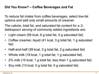 © McGraw Hill, LLC
Did You Know? – Coffee Beverages and Fat
To reduce fat intake from coffee beverages, select low-fat
options and add only small amounts of creamer
The calorie, total fat, and saturated fat content for a 2-
tablespoon serving of commonly added ingredients are:
• Light cream (59 kcal, 6 g total fat, 4 g saturated fat)
• Coffee creamer, liquid (41 kcal, 3 g total fat, 1 g saturated
fat)
• Half-and-half (39 kcal, 3 g total fat, 2 g saturated fat)
• Whole milk (18 kcal, 1 g total fat, 1 g saturated fat)
• 2% milk (15 kcal, 1 g total fat, less than 1 g saturated fat)
• Soy milk (13 kcal, 0 g total fat, 0 g saturated fat)
115
 