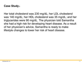 © McGraw Hill, LLC
Case Study2
Her total cholesterol was 230 mg/dL; her LDL cholesterol
was 140 mg/dL; her HDL cholesterol was 35 mg/dL; and her
triglycerides were 90 mg/dL. The physician told Samantha
she had a high risk for developing heart disease. As a result
of her physician’s advice, Samantha is ready to make
lifestyle changes to lower her risk of heart disease.
118
 