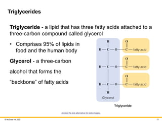 © McGraw Hill, LLC
Triglycerides
Triglyceride - a lipid that has three fatty acids attached to a
three-carbon compound called glycerol
• Comprises 95% of lipids in
food and the human body
Glycerol - a three-carbon
alcohol that forms the
“backbone” of fatty acids
Access the text alternative for slide images.
29
 