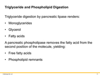 © McGraw Hill, LLC
Triglyceride and Phospholipid Digestion
Triglyceride digestion by pancreatic lipase renders:
• Monoglycerides
• Glycerol
• Fatty acids
A pancreatic phospholipase removes the fatty acid from the
second position of the molecule, yielding:
• Free fatty acids
• Phospholipid remnants
55
 