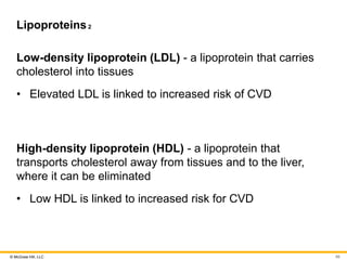 © McGraw Hill, LLC
Lipoproteins2
Low-density lipoprotein (LDL) - a lipoprotein that carries
cholesterol into tissues
• Elevated LDL is linked to increased risk of CVD
High-density lipoprotein (HDL) - a lipoprotein that
transports cholesterol away from tissues and to the liver,
where it can be eliminated
• Low HDL is linked to increased risk for CVD
66
 