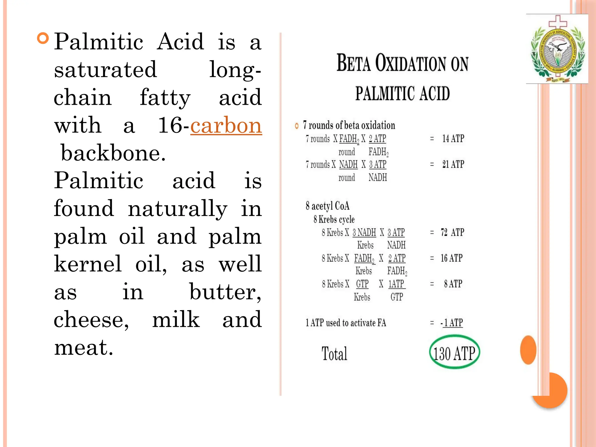  Palmitic Acid is a
saturated long-
chain fatty acid
with a 16-carbon
backbone.
Palmitic acid is
found naturally in
palm oil and palm
kernel oil, as well
as in butter,
cheese, milk and
meat.
 
