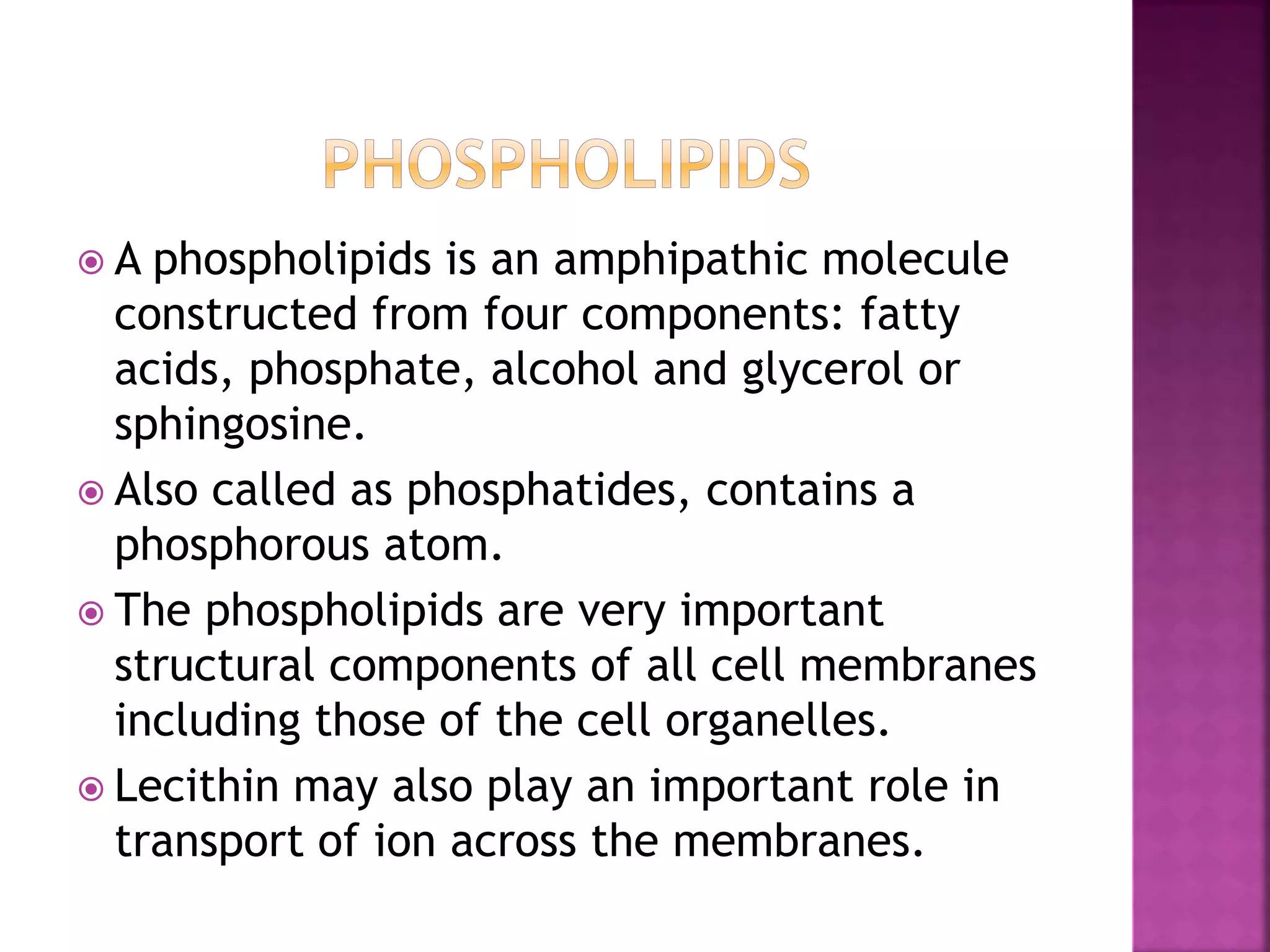 A phospholipids is an amphipathic molecule
constructed from four components: fatty
acids, phosphate, alcohol and glycerol or
sphingosine.
 Also called as phosphatides, contains a
phosphorous atom.
 The phospholipids are very important
structural components of all cell membranes
including those of the cell organelles.
 Lecithin may also play an important role in
transport of ion across the membranes.
 