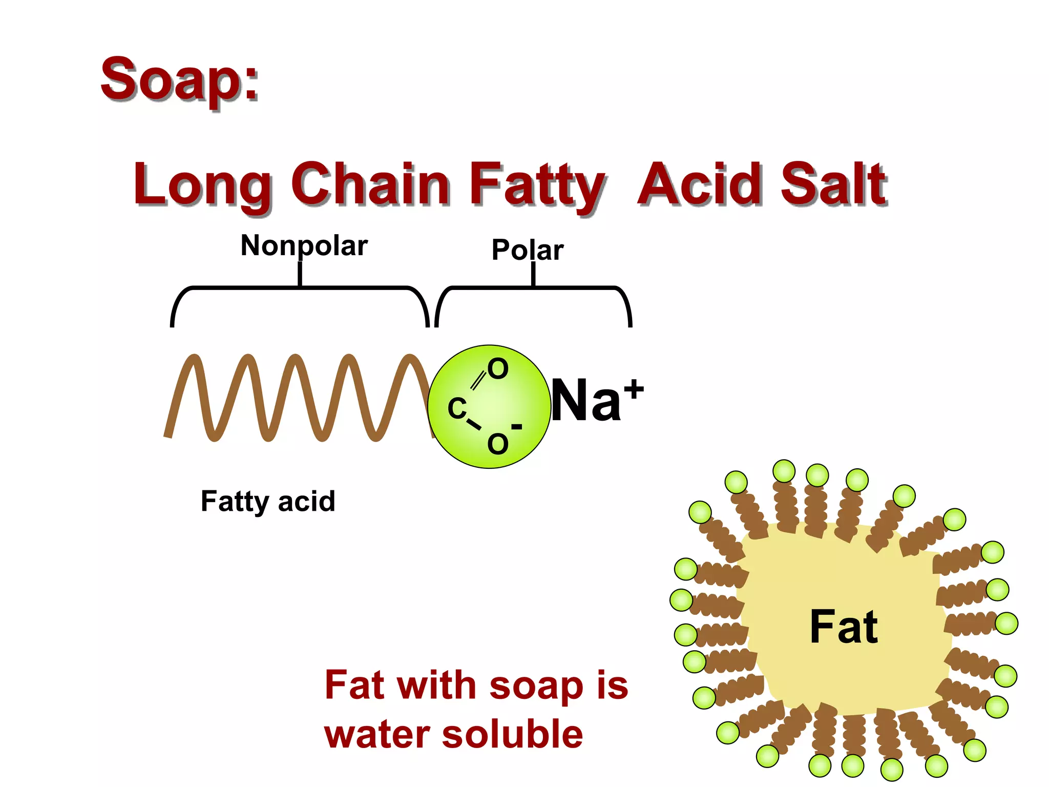 Soap: 
Long Chain Fatty Acid Salt 
Nonpolar Polar 
Fatty acid 
Na+ 
C 
O 
O 
- 
Fat 
Fat with soap is 
water soluble 
 