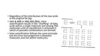 • Regardless of the distribution of the two acids
in the original fat (eg:
• AAA & BBB or ABB,ABA,BBA), intra-
esterification results in the “shuffling” of fatty
acids within a single molecule and among TAG
molecules until an equilibrium is achieved in
which all possible combinations are formed.
• Inter-esterification follows the same principle
but this time rearrangement is between
molecules and not within molecules.
 
