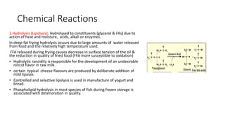 Chemical Reactions
1.Hydrolysis (Lipolysis); Hydrolysed to constituents (glycerol & FAs) due to
action of heat and moisture, acids, alkali or enzymes.
In deep-fat frying hydrolysis ocuurs due to large amounts of water released
from food and the relatively high temperature used.
FFA released during frying causes decrease in surface tension of the oil &
the reduction in quality of fried food (FFA more susceptible to oxidation)
• Hydrolytic rancidity is responsible for the development of an undesirable
rancid flavor in raw milk .
• certain typical cheese flavours are produced by deliberate addition of
mild lipases.
• Controlled and selective lipolysis is used in manufacture of yogurt and
bread.
• Phospholipid hydrolysis in most species of fish during frozen storage is
associated with deterioration in quality.
 