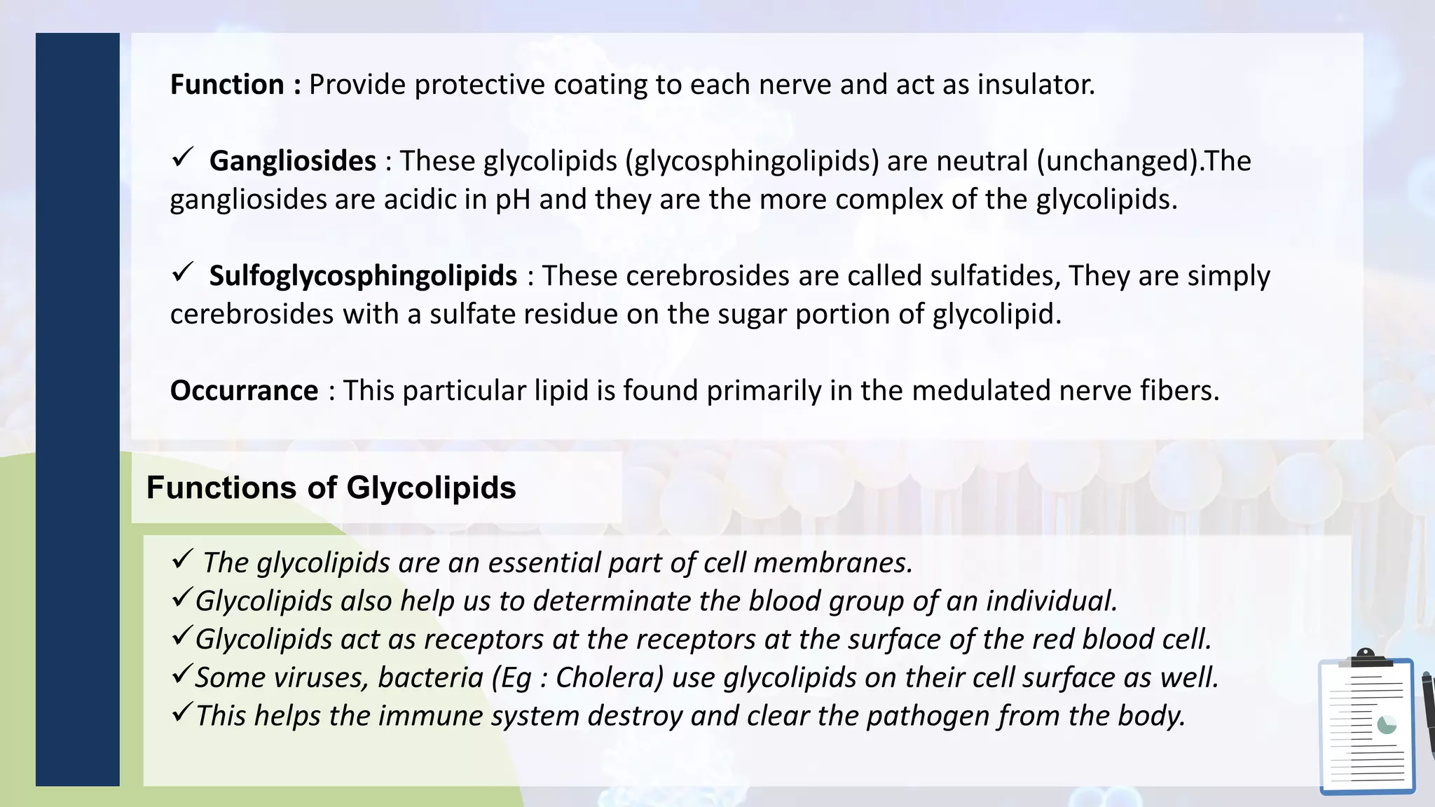 Function : Provide protective coating to each nerve and act as insulator.
 Gangliosides : These glycolipids (glycosphingolipids) are neutral (unchanged).The
gangliosides are acidic in pH and they are the more complex of the glycolipids.
 Sulfoglycosphingolipids : These cerebrosides are called sulfatides, They are simply
cerebrosides with a sulfate residue on the sugar portion of glycolipid.
Occurrance : This particular lipid is found primarily in the medulated nerve fibers.
Functions of Glycolipids
 The glycolipids are an essential part of cell membranes.
Glycolipids also help us to determinate the blood group of an individual.
Glycolipids act as receptors at the receptors at the surface of the red blood cell.
Some viruses, bacteria (Eg : Cholera) use glycolipids on their cell surface as well.
This helps the immune system destroy and clear the pathogen from the body.
 