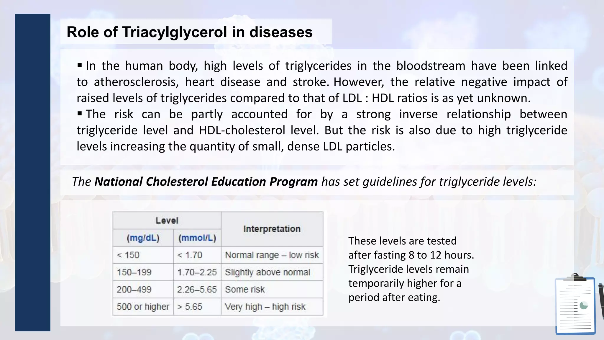 Role of Triacylglycerol in diseases
 In the human body, high levels of triglycerides in the bloodstream have been linked
to atherosclerosis, heart disease and stroke. However, the relative negative impact of
raised levels of triglycerides compared to that of LDL : HDL ratios is as yet unknown.
 The risk can be partly accounted for by a strong inverse relationship between
triglyceride level and HDL-cholesterol level. But the risk is also due to high triglyceride
levels increasing the quantity of small, dense LDL particles.
The National Cholesterol Education Program has set guidelines for triglyceride levels:
These levels are tested
after fasting 8 to 12 hours.
Triglyceride levels remain
temporarily higher for a
period after eating.
 