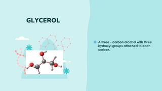 A three - carbon alcohol with three
hydroxyl groups attached to each
carbon.
GLYCEROL
 