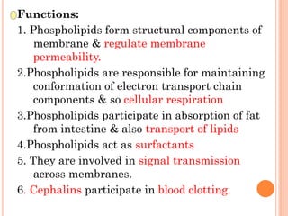 Functions:
1. Phospholipids form structural components of
membrane & regulate membrane
permeability.
2.Phospholipids are responsible for maintaining
conformation of electron transport chain
components & so cellular respiration
3.Phospholipids participate in absorption of fat
from intestine & also transport of lipids
4.Phospholipids act as surfactants
5. They are involved in signal transmission
across membranes.
6. Cephalins participate in blood clotting.
 