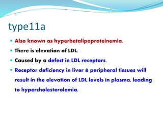 type11a
 Also known as hyperbetalipoproteinemia.
 There is elevation of LDL.
 Caused by a defect in LDL receptors.
 Receptor deficiency in liver & peripheral tissues will
result in the elevation of LDL levels in plasma, leading
to hypercholesterolemia.
 