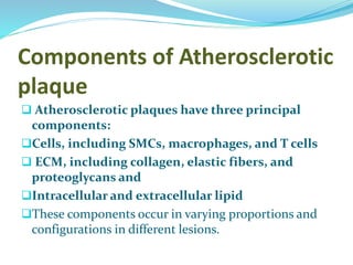 Components of Atherosclerotic
plaque
 Atherosclerotic plaques have three principal
components:
Cells, including SMCs, macrophages, and T cells
 ECM, including collagen, elastic fibers, and
proteoglycans and
Intracellular and extracellular lipid
These components occur in varying proportions and
configurations in different lesions.
 