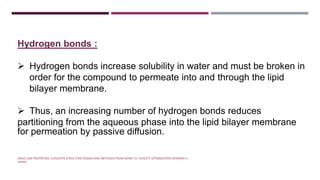 Hydrogen bonds :
 Hydrogen bonds increase solubility in water and must be broken in
order for the compound to permeate into and through the lipid
bilayer membrane.
 Thus, an increasing number of hydrogen bonds reduces
partitioning from the aqueous phase into the lipid bilayer membrane
for permeation by passive diffusion.
DRUG-LIKE PROPERTIES: CONCEPTS,STRUCTURE DESIGN AND METHODS:FROM ADME TO TOXICITY OPTIMIZATION EDWARD H.
KERNS
 