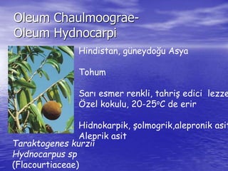 Oleum Chaulmoograe- 
Oleum Hydnocarpi 
Hindistan, güneydoğu Asya 
Tohum 
Sarı esmer renkli, tahriş edici lezzet 
Özel kokulu, 20-25oC de erir 
Hidnokarpik, şolmogrik,alepronik asit 
Aleprik asit 
Taraktogenes kurzii 
Hydnocarpus sp 
(Flacourtiaceae) 
 