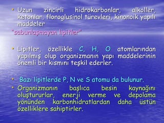 • Uzun zincirli hidrokarbonlar, alkoller, 
ketonlar, floroglusinol türevleri, kinonoik yapılı 
maddeler 
“sabunlaşmayan lipitler” 
• Lipitler, özellikle C, H, O atomlarından 
yapılmış olup organizmanın yapı maddelerinin 
önemli bir kısmını teşkil ederler. 
• Bazı lipitlerde P, N ve S atomu da bulunur. 
• Organizmanın başlıca besin kaynağını 
oluştururlar, enerji verme ve depolama 
yönünden karbonhidratlardan daha üstün 
özelliklere sahiptirler. 
 