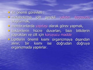 • En önemli görevleri : 
• metabolizma için gerekli yakıtın deposunu 
oluşturmak, 
• membranlarda yapıtaşı olarak görev yapmak, 
• bakterilerin hücre duvarları, bazı bitkilerin 
yaprakları ve cilt için koruyucu madde 
• Lipitlerin önemli kısmı organizmaya dışarıdan 
alınır, bir kısmı ise doğrudan doğruya 
organizmada yapılırlar. 
 
