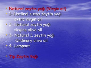 • Natürel zeytin yağı (Virgin oil) 
• 1- Natürel sızma zeytin yağı 
extra virgin oil 
• 2- Natürel zeytin yağı 
virgine olive oil 
• 3- Natürel 1. zeytin yağı 
Ordinary olive oil 
• 4- Lampant 
• Tip Zeytin Yağı 
 