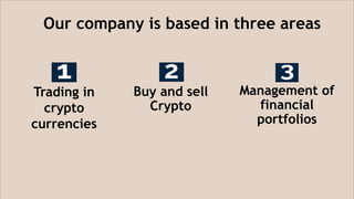 Our company is based in three areas
Trading in
crypto
currencies
Buy and sell
Crypto
Management of
financial
portfolios
 