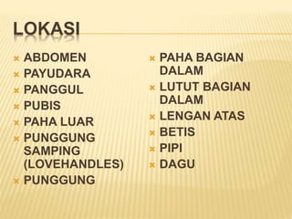 LOKASI 
 ABDOMEN 
 PAYUDARA 
 PANGGUL 
 PUBIS 
 PAHA LUAR 
 PUNGGUNG 
SAMPING 
(LOVEHANDLES) 
 PUNGGUNG 
 PAHA BAGIAN 
DALAM 
 LUTUT BAGIAN 
DALAM 
 LENGAN ATAS 
 BETIS 
 PIPI 
 DAGU 
 
