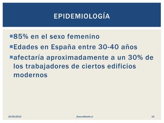 85% en el sexo femenino
Edades en España entre 30-40 años
afectaría aproximadamente a un 30% de
los trabajadores de ciertos edificios
modernos
EPIDEMIOLOGÍA
jhauva@achs.cl22-05-2013 10
 