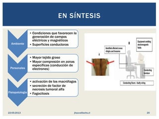 Ambiente
• Condiciones que favorecen la
generación de campos
eléctricos y magnéticos
• Superficies conductoras
Personales
• Mayor tejido graso
• Mayor compresión en zonas
específicas (conducción de
electrones)
Fisiopatología
• activación de los macrófagos
• secreción de factor de
necrosis tumoral alfa
• Fagocitosis
EN SÍNTESIS
jhauva@achs.cl22-05-2013 20
 