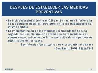  La incidencia global (entre el 0,5 y el 1%) es muy inferior a la
de los estudios iniciales (30%-50%) entre los trabajadores del
mismo edificio.
 La implementación de las medidas recomendadas ha sido
seguida por una disminución dramática de la incidencia de
nuevos casos, así como por la recuperación de una proporción
significativa de los casos.
Semicircular lipoatrophy: a new occupational disease
Gac Sanit. 2008;22(1):73-5
DESPUÉS DE ESTABLECER LAS MEDIDAS
PREVENTIVAS
jhauva@achs.cl22-05-2013 25
 