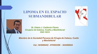 LIPOMA EN EL ESPACIO
SUBMANDIBULAR
Dr. Edwin J. Calderón Flores
Cirujano de Cabeza, Cuello y Maxilofacial
RNE:18918
Miembro de la Sociedad Peruana de Cirugía de Cabeza, Cuello
y Maxilofacial
Cel.: 943689442 - 970502399 - 943460024
 