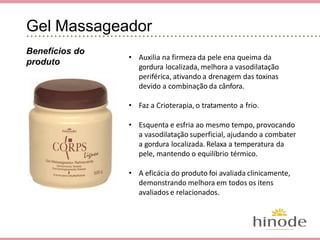 5º passo: Gel Massageador
• Auxilia na firmeza da pele e na queima da gordura
localizada, além de melhorar a vasodilatação
periférica, ativando a drenagem das toxinas
devido a combinação da cânfora.
• Tratamento crioterápico a frio.
• Esquenta e esfria ao mesmo tempo, provocando a
vasodilatação superficial, o que auxilia a combater
a gordura localizada. Relaxa a temperatura da pele,
mantendo o equilíbrio térmico.
• A eficácia do produto foi avaliada clinicamente,
demonstrando melhora em todos os itens
avaliados e relacionados.
Benefícios do
produto
 
