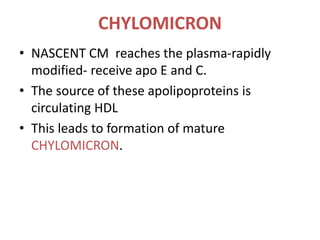 CHYLOMICRON
• NASCENT CM reaches the plasma-rapidly
modified- receive apo E and C.
• The source of these apolipoproteins is
circulating HDL
• This leads to formation of mature
CHYLOMICRON.
 