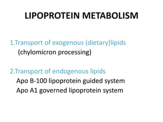 LIPOPROTEIN METABOLISM
1.Transport of exogenous (dietary)lipids
(chylomicron processing)
2.Transport of endogenous lipids
Apo B-100 lipoprotein guided system
Apo A1 governed lipoprotein system
 