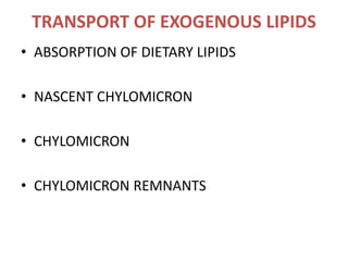 TRANSPORT OF EXOGENOUS LIPIDS
• ABSORPTION OF DIETARY LIPIDS
• NASCENT CHYLOMICRON
• CHYLOMICRON
• CHYLOMICRON REMNANTS
 
