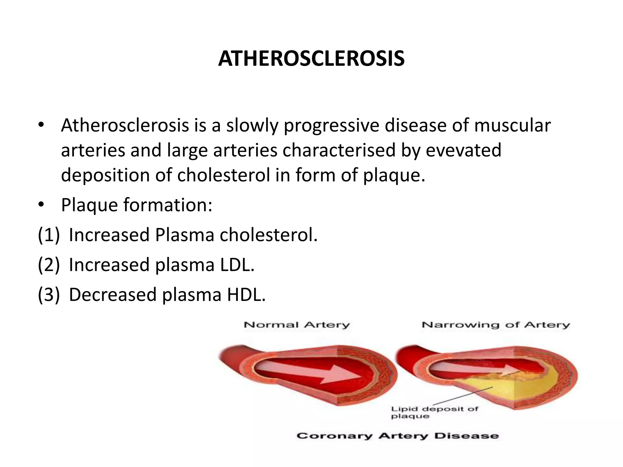 ATHEROSCLEROSIS
• Atherosclerosis is a slowly progressive disease of muscular
arteries and large arteries characterised by evevated
deposition of cholesterol in form of plaque.
• Plaque formation:
(1) Increased Plasma cholesterol.
(2) Increased plasma LDL.
(3) Decreased plasma HDL.
 