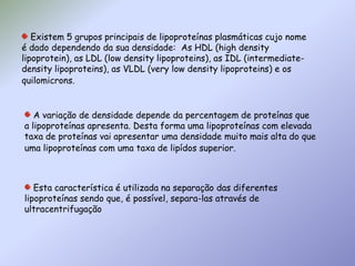  Existem 5 grupos principais de lipoproteínas plasmáticas cujo nome é dado dependendo da sua densidade:  As HDL (high density lipoprotein), as LDL (low density lipoproteins), as IDL (intermediate-density lipoproteins), as VLDL (very low density lipoproteins) e os quilomicrons. A variação de densidade depende da percentagem de proteínas que a lipoproteínas apresenta. Desta forma uma lipoproteínas com elevada taxa de proteínas vai apresentar uma densidade muito mais alta do que uma lipoproteínas com uma taxa de lipídos superior. Esta característica é utilizada na separação das diferentes lipoproteínas sendo que, é possível, separa-las através de ultracentrifugação  