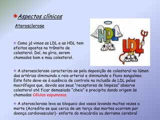Aspectos clínicos Aterosclerose Como já vimos as LDL e as HDL tem efeitos opostos no trânsito de colesterol. Daí, na gíria, serem chamados bom e mau colesterol. A ateroesclerose caracteriza-se pela deposição de colesterol no lúmen das artérias diminuindo o raio arterial e diminuindo o fluxo sanguíneo. Este fato deve-se à ausência de controle na inclusão de LDL pelos macrófagos que, devido aos seus “receptores de limpeza” absorve colesterol até ficar demasiado “cheio” e precipita dando origem às chamadas Células espumosas. A aterosclerose leva ao bloqueio dos vasos levando muitas vezes a morte (Acredita-se que cerca de um terço das mortes ocorrem por doença cardiovascular)- enfarte do miocárdio ou derrame cerebral 