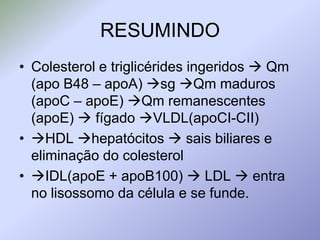 RESUMINDOColesterol e triglicérides ingeridos  Qm (apo B48 – apoA) sg Qm maduros (apoC –apoE) Qm remanescentes (apoE)  fígado VLDL(apoCI-CII) HDL hepatócitos  sais biliares e eliminação do colesterolIDL(apoE + apoB100) LDL  entra no lisossomo da célula e se funde.
