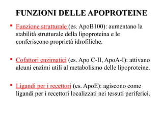 FFUUNNZZIIOONNII DDEELLLLEE AAPPOOPPRROOTTEEIINNEE 
 Funzione strutturale (es. ApoB100): aumentano la 
stabilità strutturale della lipoproteina e le 
conferiscono proprietà idrofiliche. 
 Cofattori enzimatici (es. Apo C-II, ApoA-I): attivano 
alcuni enzimi utili al metabolismo delle lipoproteine. 
 Ligandi per i recettori (es. ApoE): agiscono come 
ligandi per i recettori localizzati nei tessuti periferici. 
 