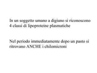 In un soggetto umano a digiuno si riconoscono 
4 classi di lipoproteine plasmatiche 
Nel periodo immediatamente dopo un pasto si 
ritrovano ANCHE i chilomicroni 
 